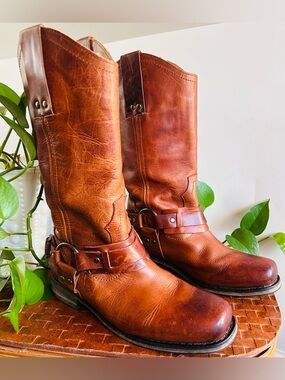 Eddie Bauer Bronx Cognac Leather Harness Boots 38 Moto Riding Distressed Cowboy